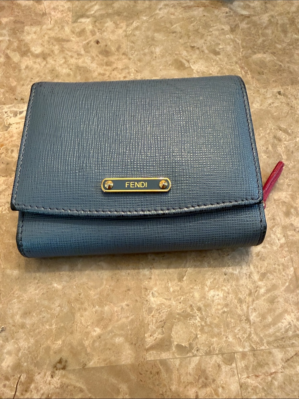 Fendi Authentic Textured Navy Leather Trifold Wallet with Gold Logo Plate - Picture 4 of 17